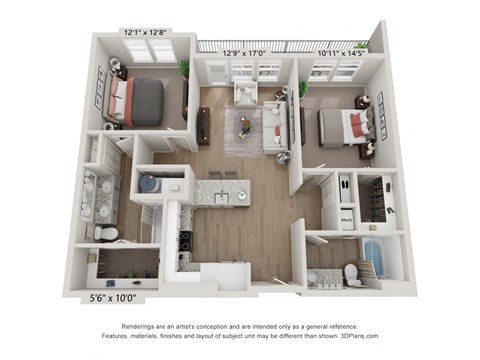 Floor plan for 2 beds, 2 baths, 1067 sqft